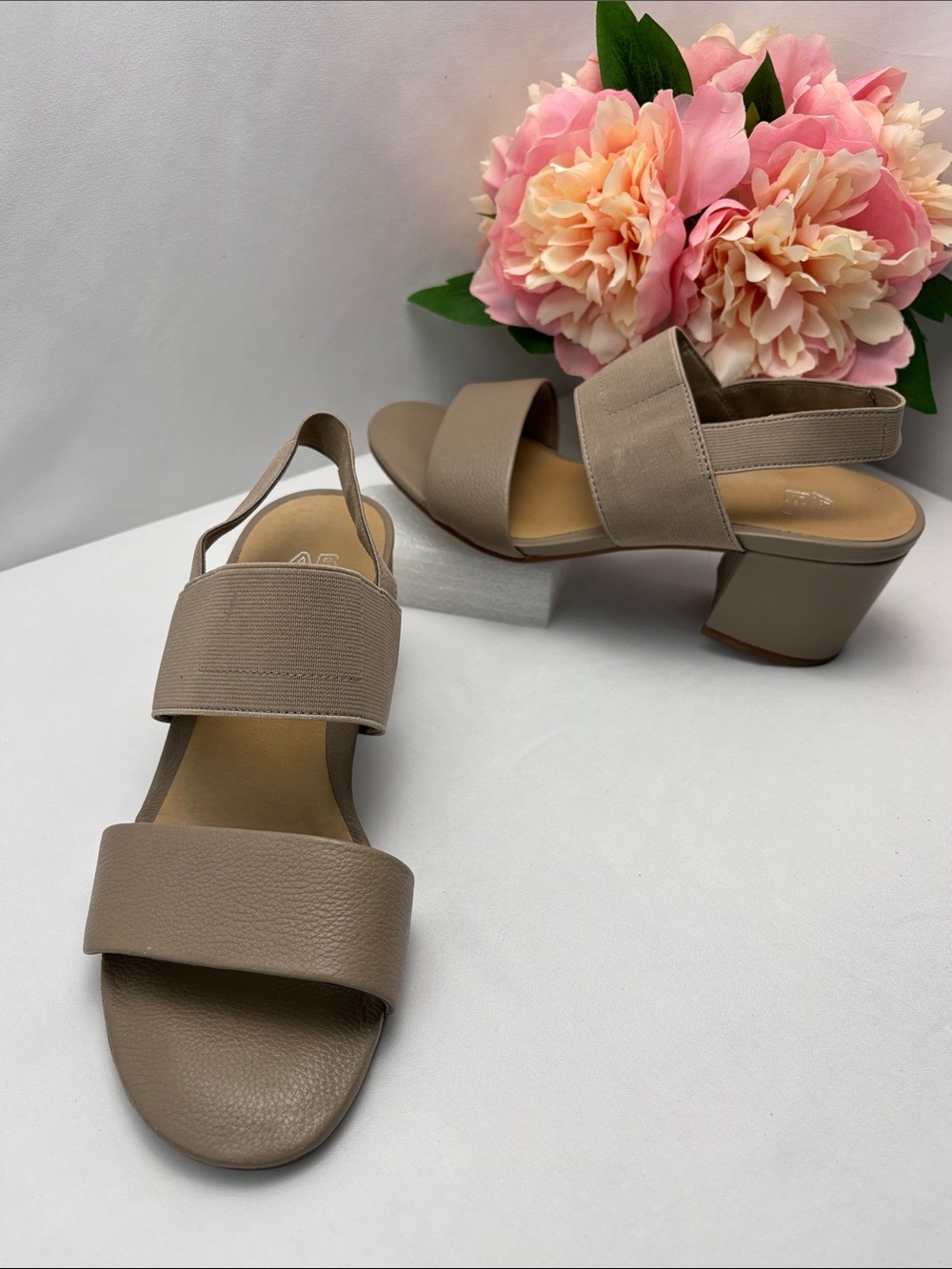 Abeo Women's 7 Taupe Block Heel Sandals - Comfortable Elastic Straps #730